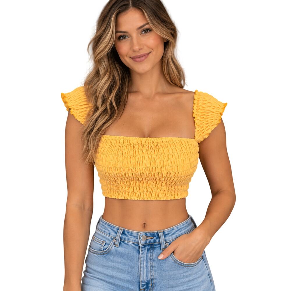 Bright Yellow Smocked Crop Top Ruffle Sleeve Stretch Boho Summer XS / S (?) Swim